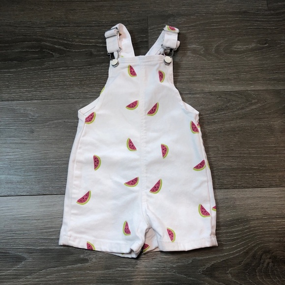 Primark Cares Watermelon Print White Denim Overalls Baby Girl Size 9-12 Months - Picture 1 of 10